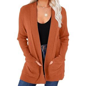 Lightweight Open Front Waffle Knit Sweaters with Pockets, SIZE SMALL, 1C-136T006